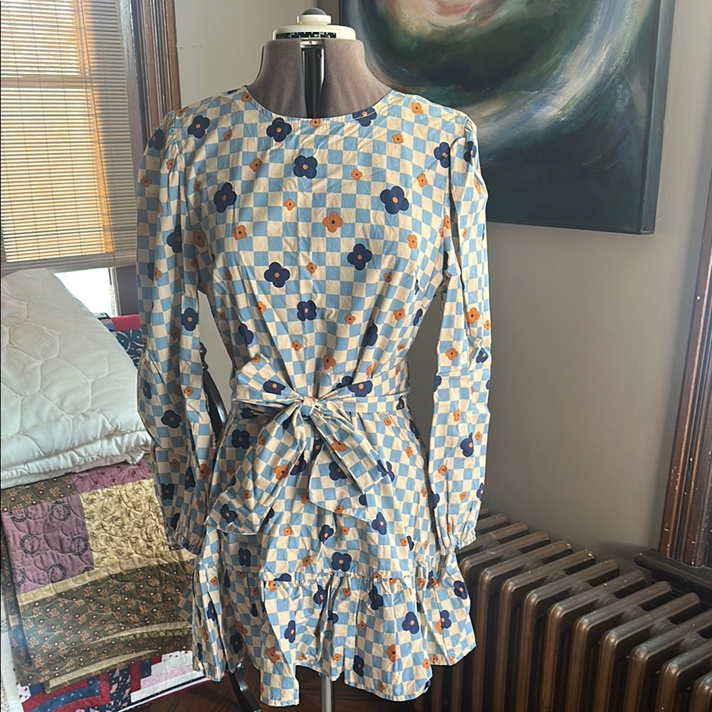 Floral Checkered Long Sleeve Dress